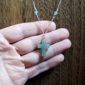 18 Inch 925 Sterling Silver Green Chrysoprase Stone Cross Necklace